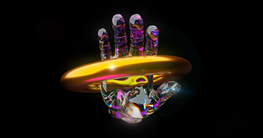 cool design of a multi-colored metallic hand with a shiny gold ring around it, appearing three dimensional